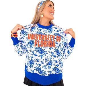 New Brianna Cannon Florida Floral Toile Sweatshirt Blue & White Medium $145